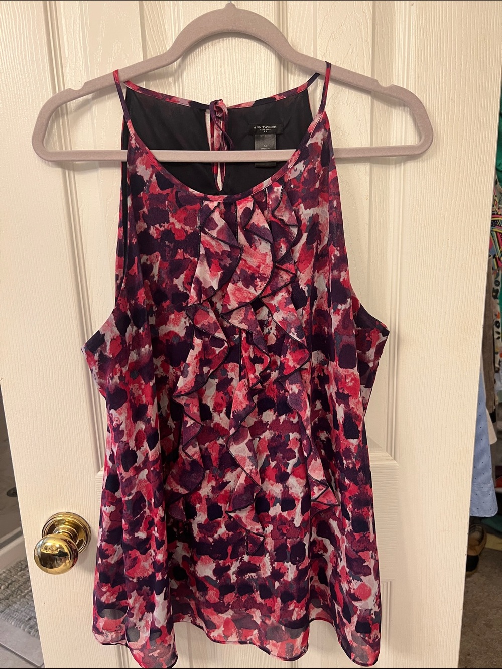 Ann Taylor Pink & Purple Floral Ruffle Camisole